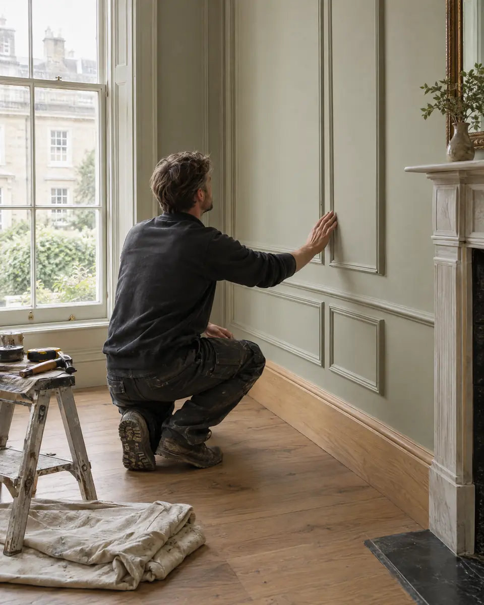 A tradesperson kneels to check newly painted wall panelling beside a sash window in a renovated Georgian room.