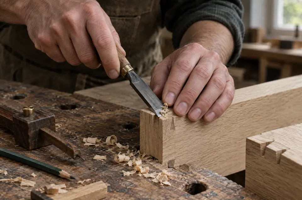 Close-up of hands paring a dovetail joint in pale oak with a chisel, wood shavings on the bench.
