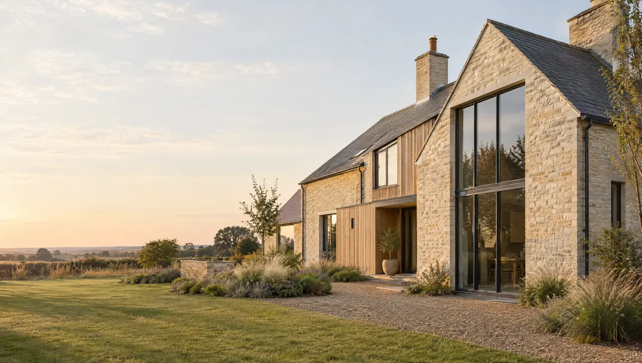 A renovated stone and oak-clad house with tall glazed gable, gravel path and ornamental grasses in late-afternoon sun.