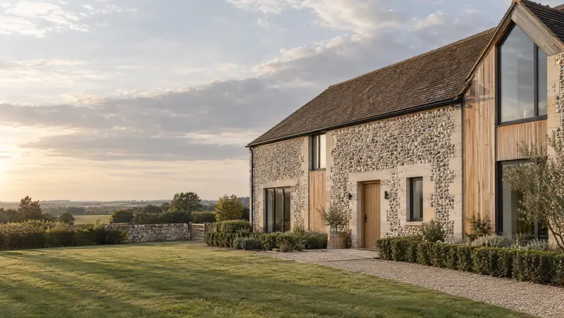 A converted flint and larch-clad barn with large glazed openings at sunset.