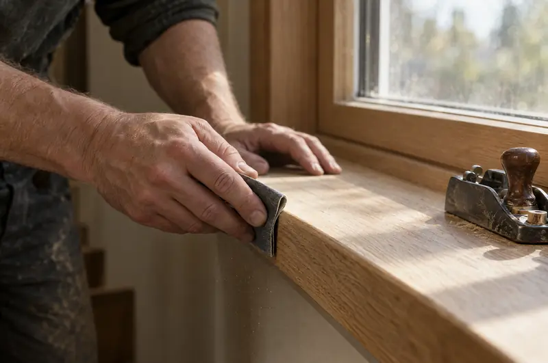 Hands sanding the edge of a newly fitted oak window sill, with a block plane resting nearby.