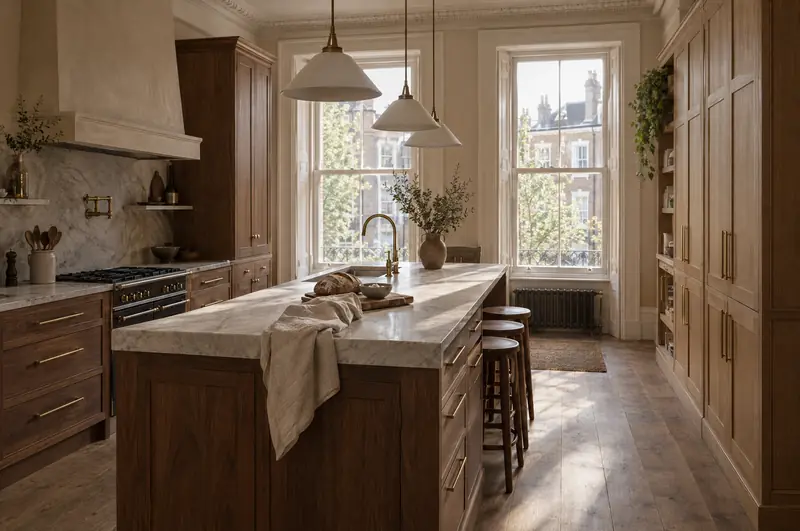 A renovated Victorian kitchen with walnut cabinetry, a marble-topped island and tall sash windows.