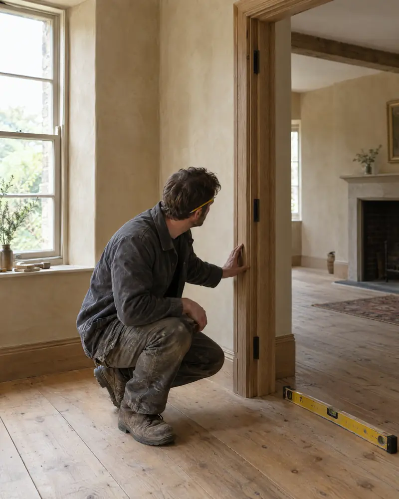 A carpenter crouches to check the fit of a new oak door frame in a period home, with a spirit level on the floor.