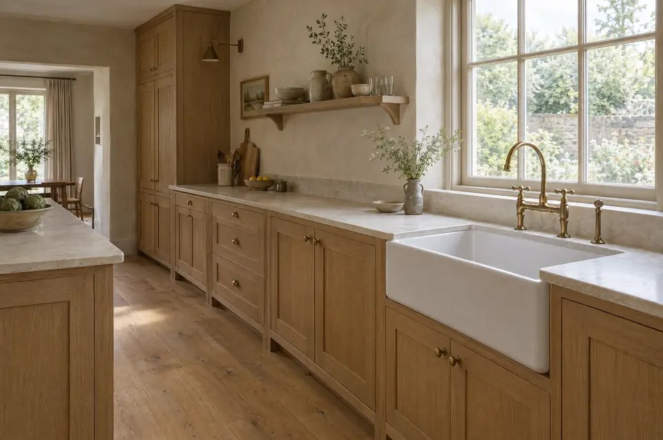 An oak shaker kitchen with a honed stone worktop, ceramic sink and aged brass tap beneath a garden window.
