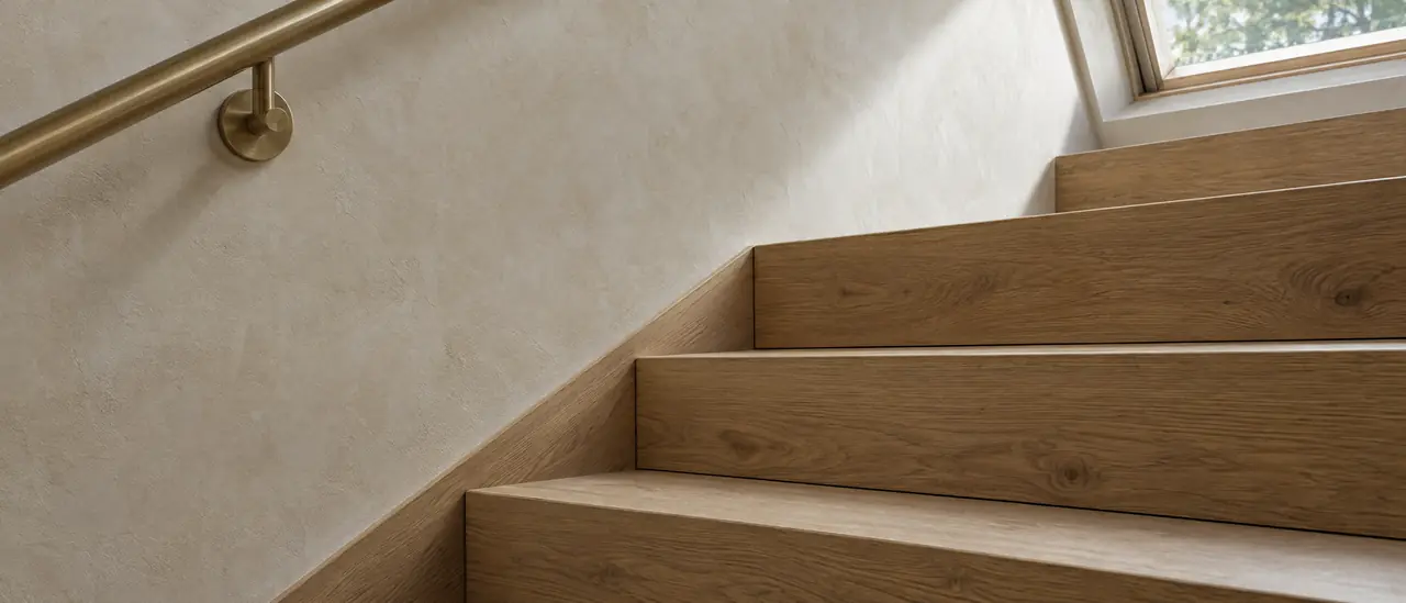 Detail of precisely jointed oak stair treads meeting a smooth plaster wall, with a brushed brass handrail.