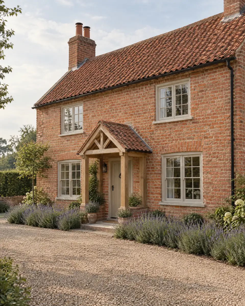 A restored red-brick Norfolk cottage with pantile roof, new oak porch, gravel drive and lavender borders.