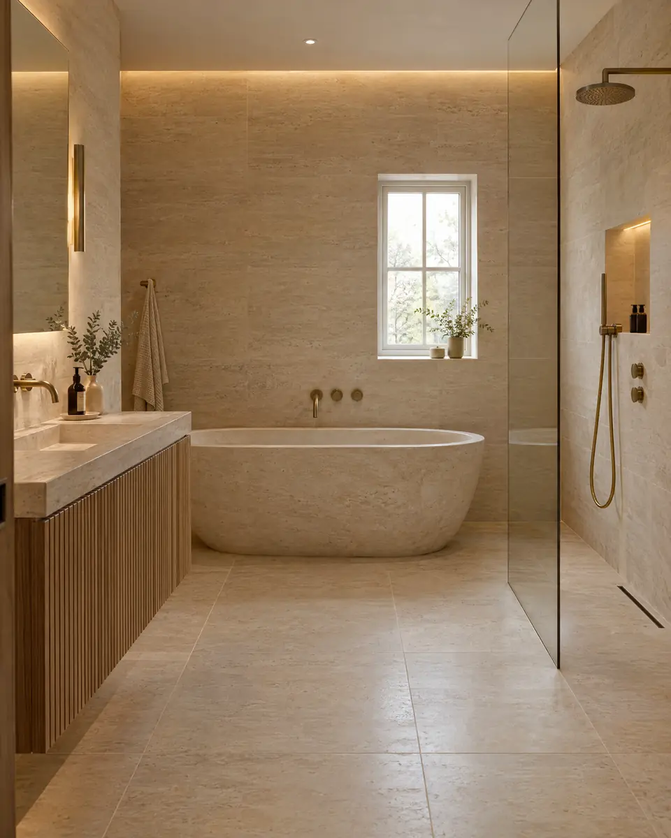 A calm travertine bathroom with a freestanding stone bath, fluted oak vanity and brushed brass fittings.